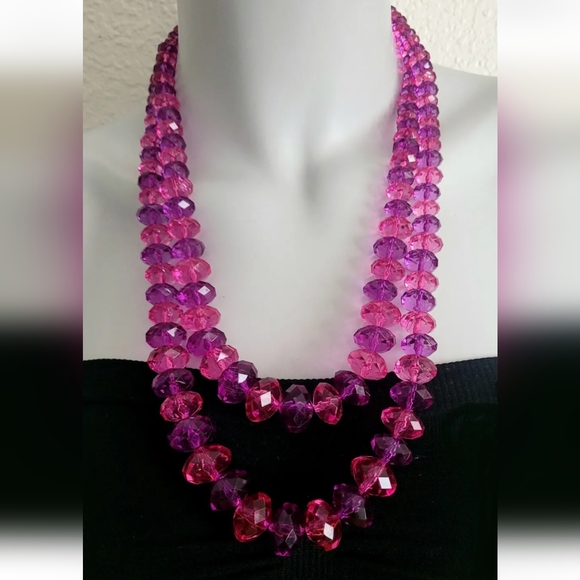 BEADED  DOUBLE STRAND CLEAR PINK & PURPLE FACETED LUCITE BEADS - Picture 8 of 8